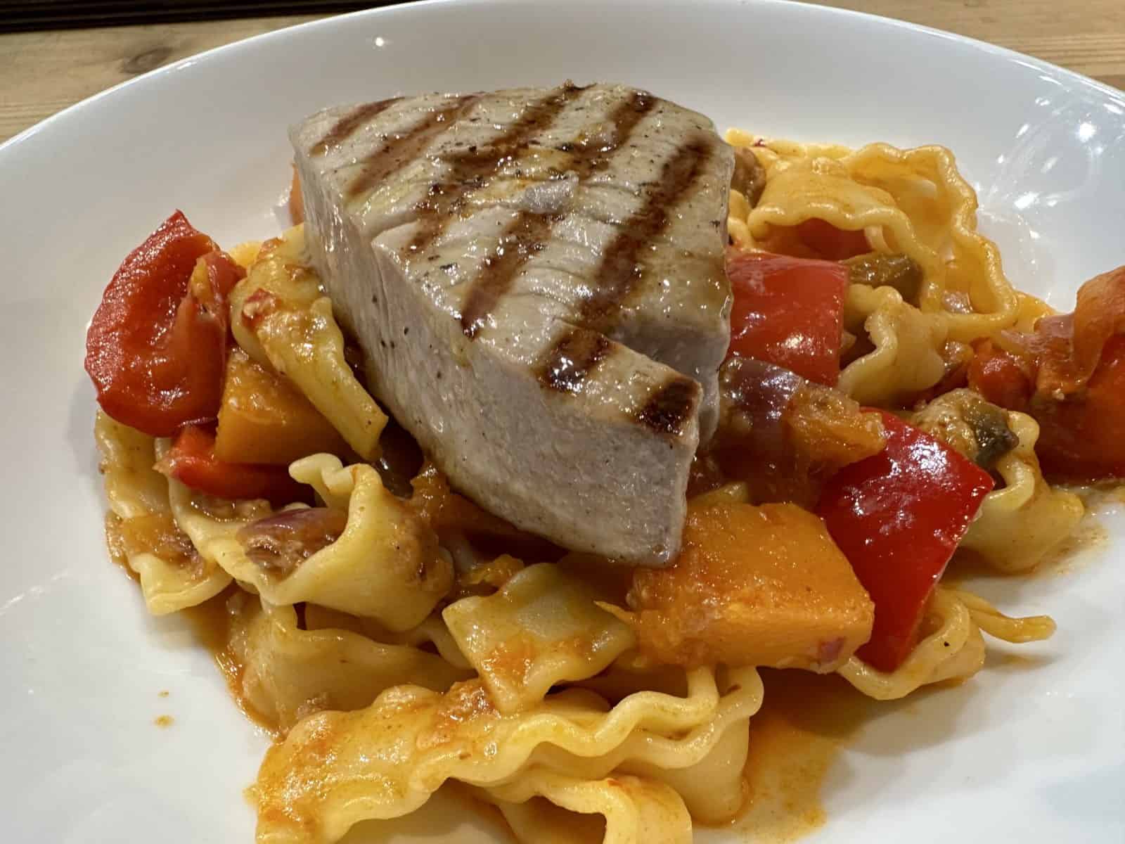 Tuna-on-a-pepper-and-butternut-squash-pasta-scaled